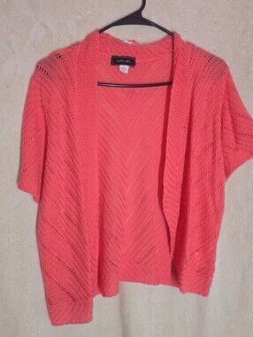 Yarn Art Open Front Cardigan Womens Size 1X Coral Short Sleeve Vintage